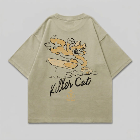 T-shirt with a cartoon cat surfing with "Killer Cat" text.