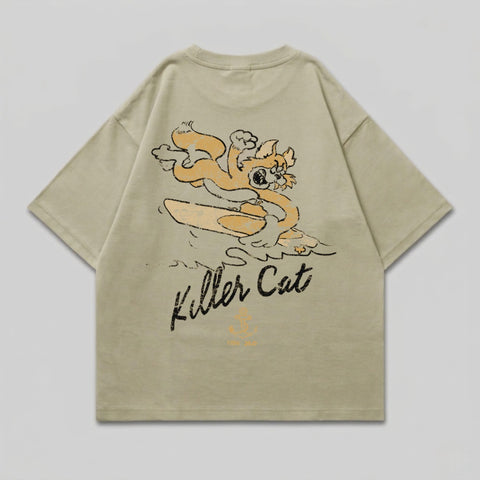 T-shirt with a cartoon cat surfing with "Killer Cat" text.