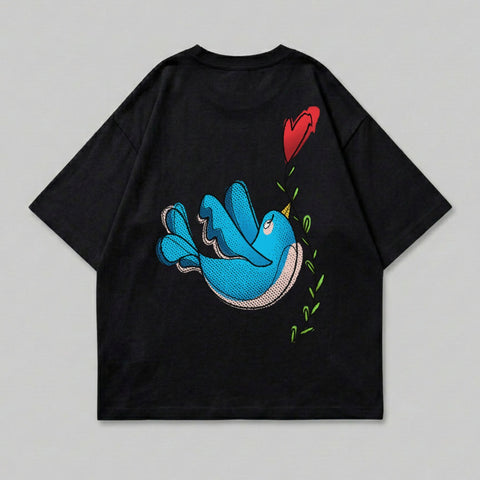 Adorable Blue Bird Red Heart Vine Graphic Back Black product type
