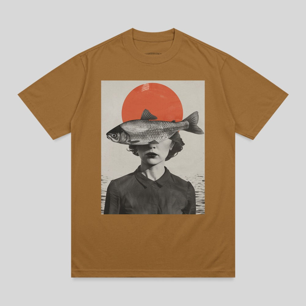 Woman face fish head red sun water collage product type