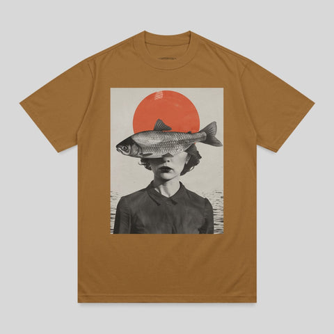 Woman face fish head red sun water collage product type