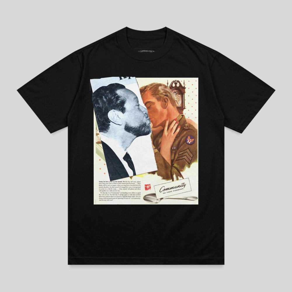 T-shirt with vintage couple kissing graphic and "Community Firest Silverplate" text.