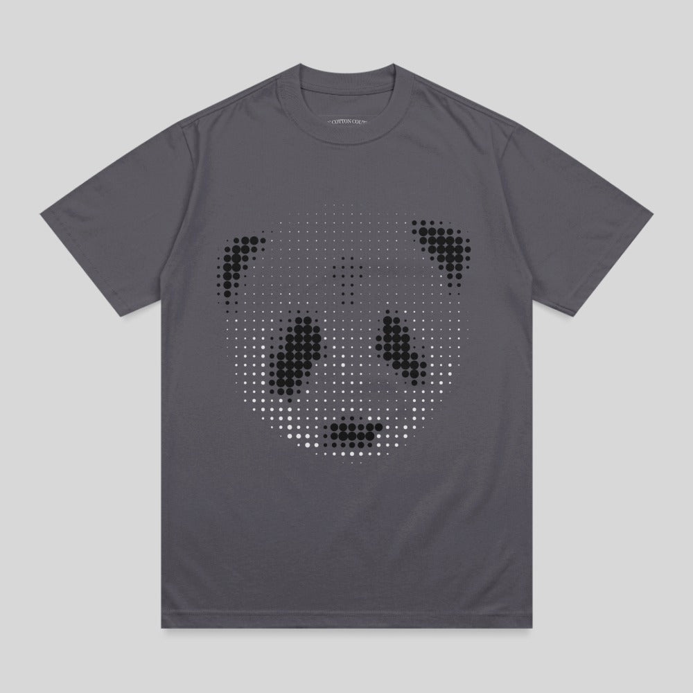 Grey t-shirt with a pixelated panda face design.