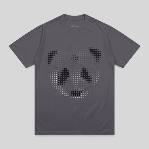 Grey t-shirt with a pixelated panda face design.