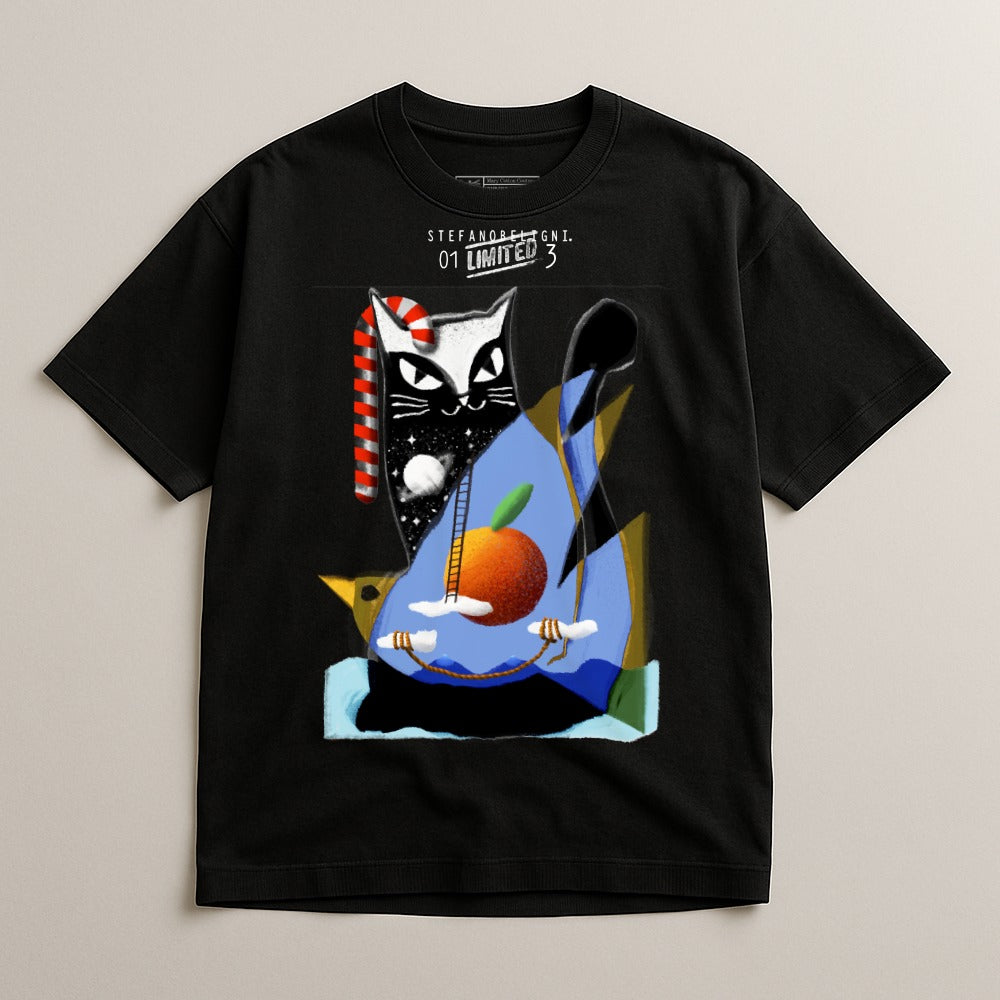 Artistic Black Cat with Fruit Print Graphic T-Shirt