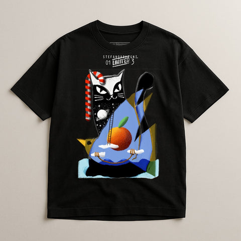 Artistic Black Cat with Fruit Print Graphic T-Shirt