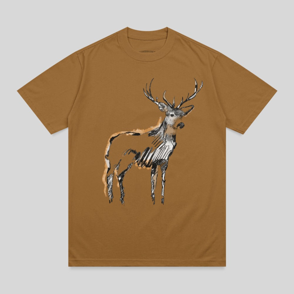 Brown t-shirt with a sketch of a stag in black and white.