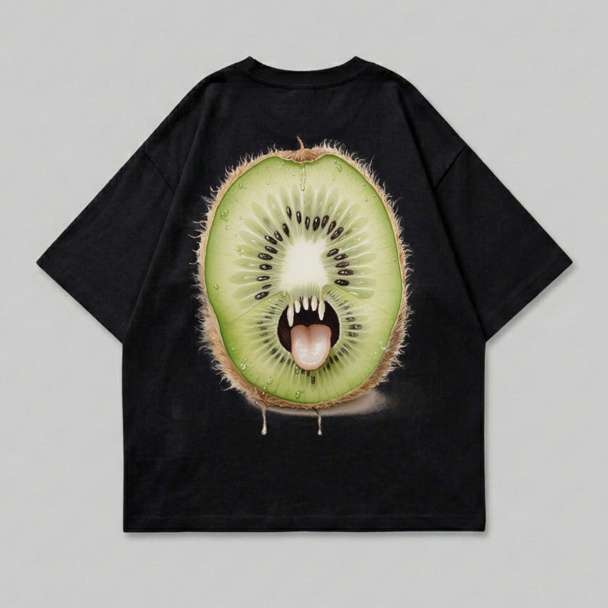 Black t-shirt with a stylized kiwi fruit design with a face and fangs.
