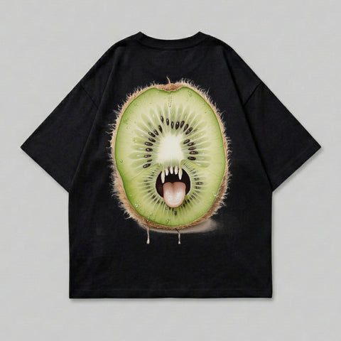 Black t-shirt with a stylized kiwi fruit design with a face and fangs.
