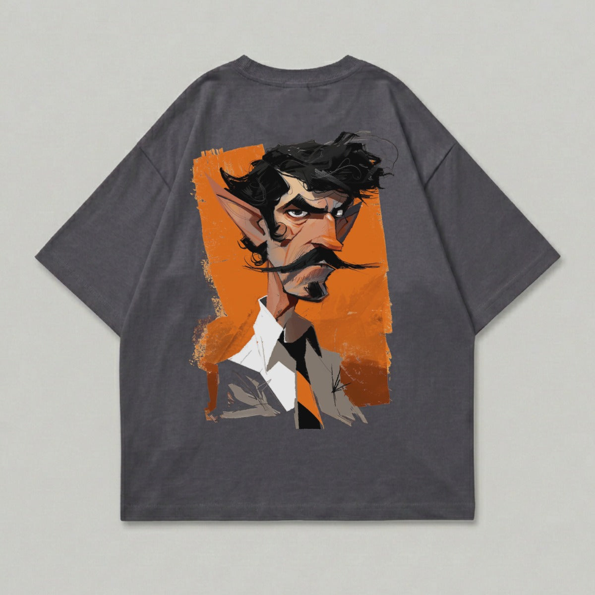 Stylized Man Caricature Pointy Ears Mustache T-shirt product type
Caricature
Stylized art
Man illustration
Moustache design
Pointy ears
Gentleman art
Abstract background
Orange brushstroke
Dark grey apparel
Character art
Unique design
Artistic print
Graphic tee
Quirky style
Retro vibe
Whimsical design
Portrait graphic
Cartoonish
Fashion apparel
Pop art influence