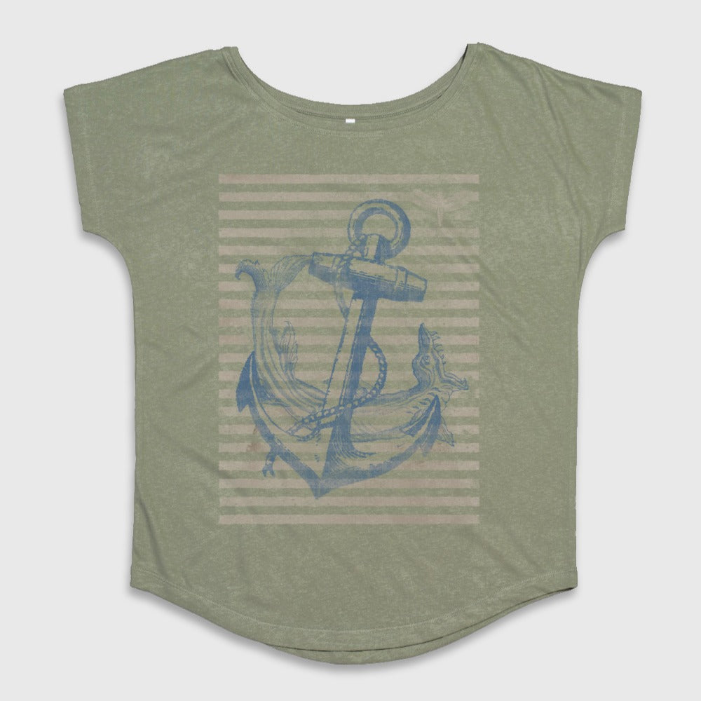 Olive Anchor Graphic Tee with Striped Background Design
