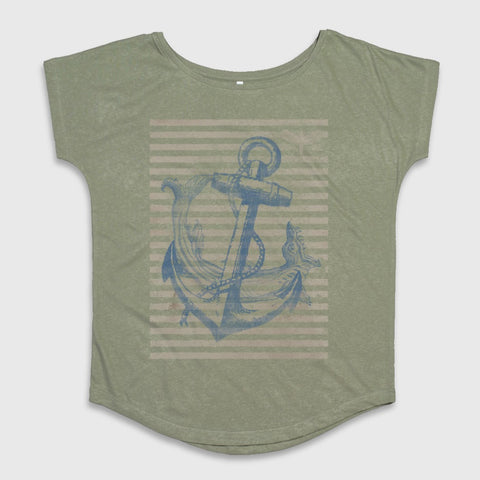 Olive Anchor Graphic Tee with Striped Background Design