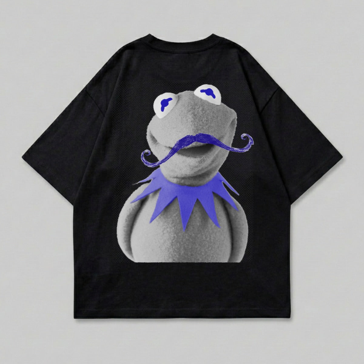 Kermit the Frog with a blue mustache on a black t-shirt.