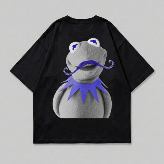Kermit the Frog with a blue mustache on a black t-shirt.