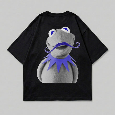 Kermit the Frog with a blue mustache on a black t-shirt.