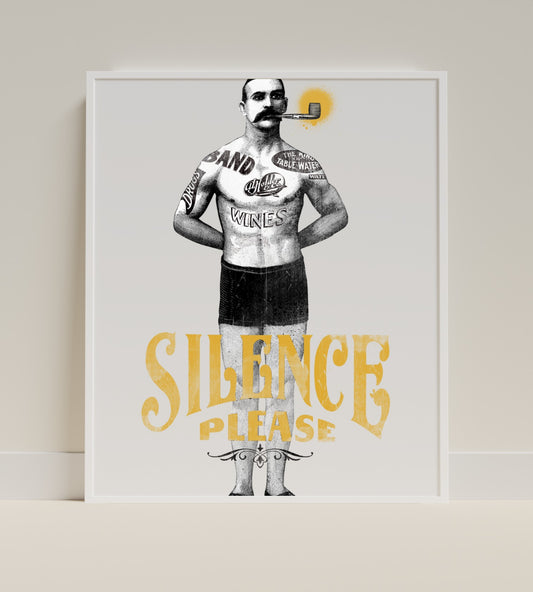 Silence Please Vintage Man Illustration Wall Art