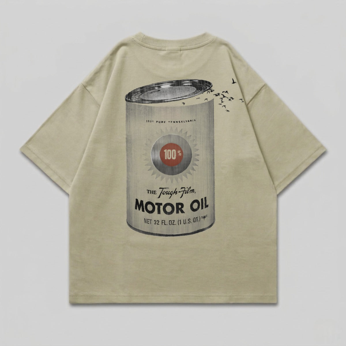 Beige t-shirt with "The Tough-film MOTOR OIL" graphic and retro design.