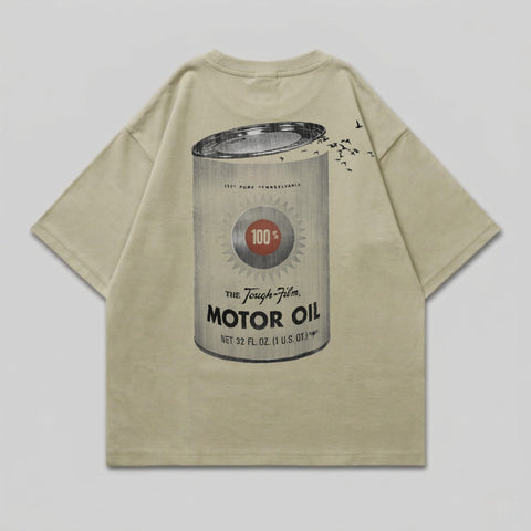 Beige t-shirt with "The Tough-film MOTOR OIL" graphic and retro design.