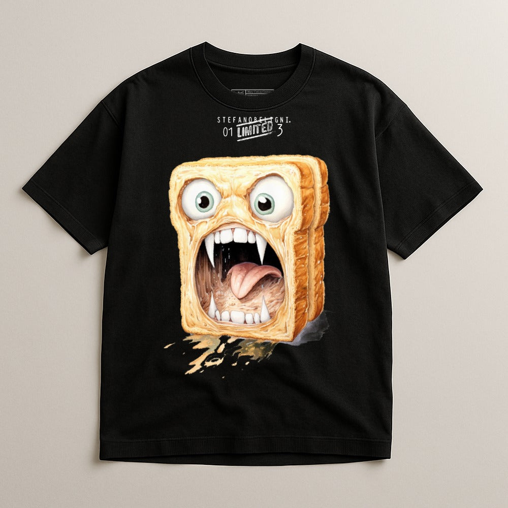 Black t-shirt with a screaming slice of toast with teeth and tongue design.