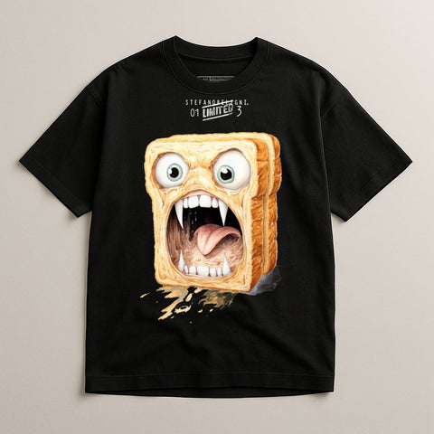 Black t-shirt with a screaming slice of toast with teeth and tongue design.