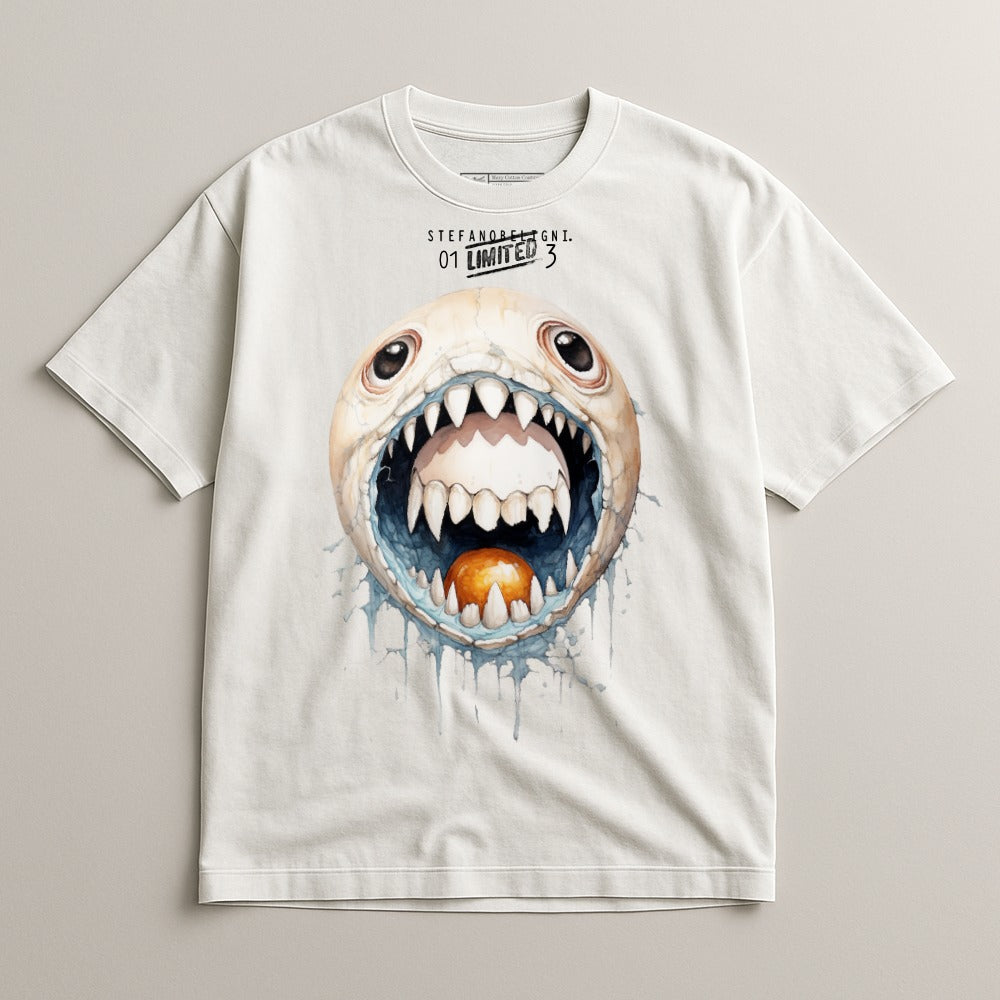White t-shirt with graphic of a round, toothy creature with an orange orb in its mouth.
