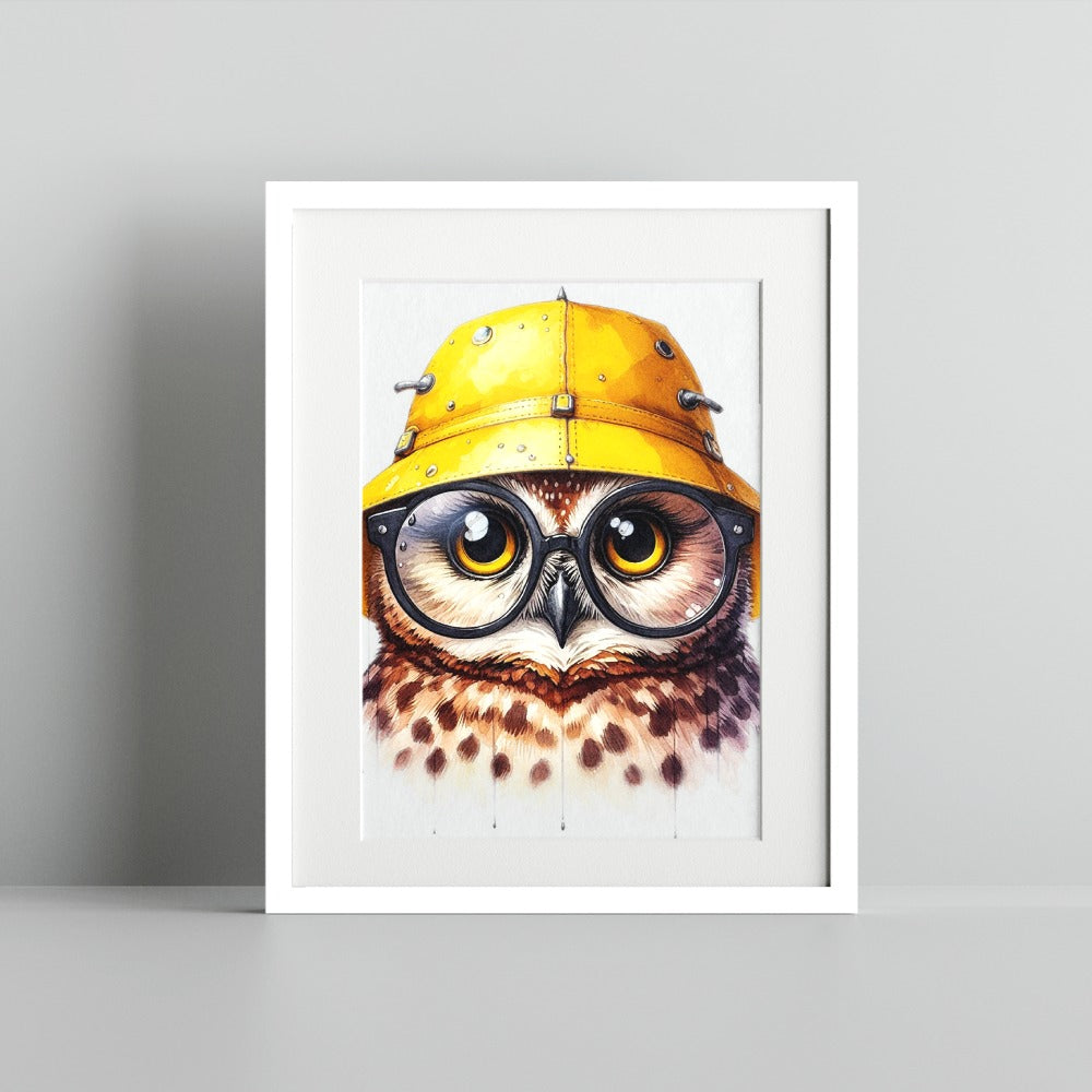 Owl Wearing Yellow Hat and Glasses Framed Art Print