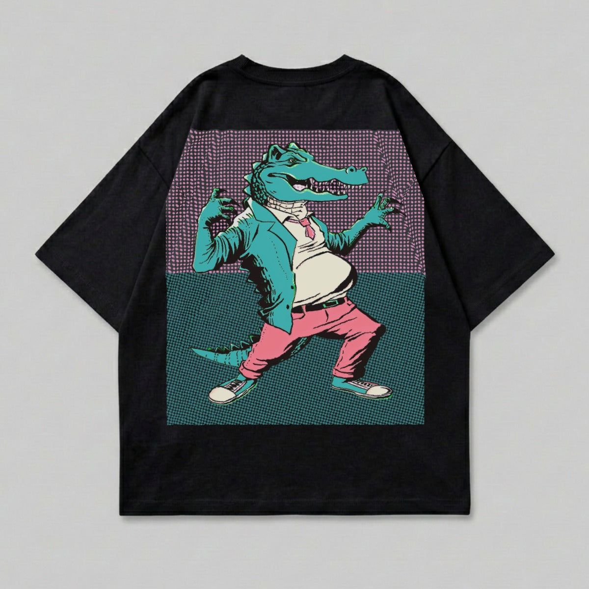 Vibrant Alligator Cartoon Figure Art Statement product type
Alligator design, Crocodile graphic, Cartoon character, Animal illustration, Retro style, Vintage print, Pop art inspired, Unique design, Bold graphic, Quirky aesthetic, Reptile art, Colorful print, Halftone pattern, Teal pink design, Purple background, Statement piece, Fun graphic, Art print, Creature feature, Imaginative design