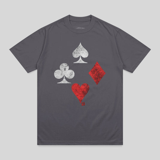 Dark gray t-shirt with four distressed playing card suits: spades, clubs, diamonds, and heart.