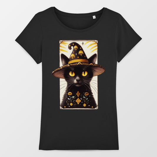 Enchanted Black Cat with Wizard Hat Design T-shirt