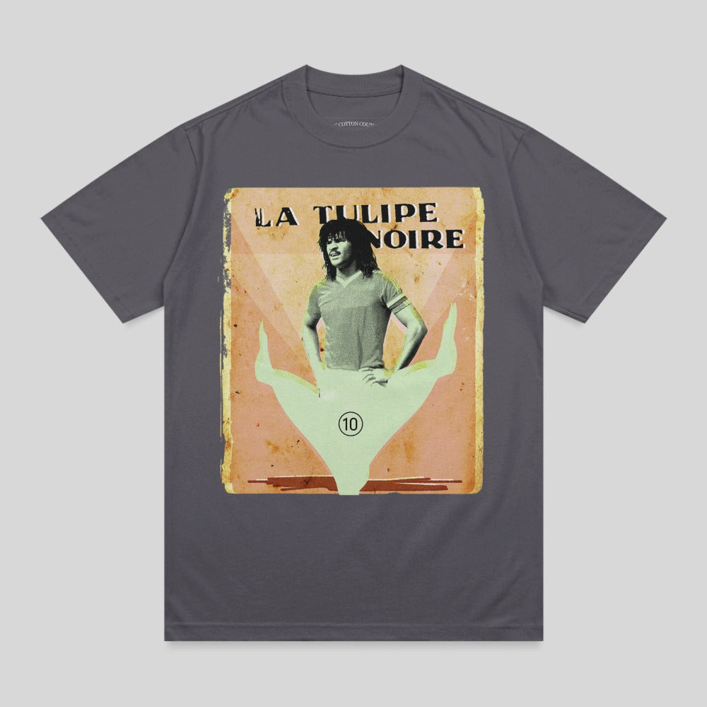 Dark grey t-shirt featuring "La Tulipe Noire" text and a stylized illustration.