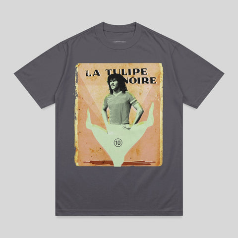 Dark grey t-shirt featuring "La Tulipe Noire" text and a stylized illustration.