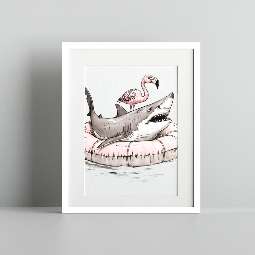 Flamingo Riding Shark in Water Art Print