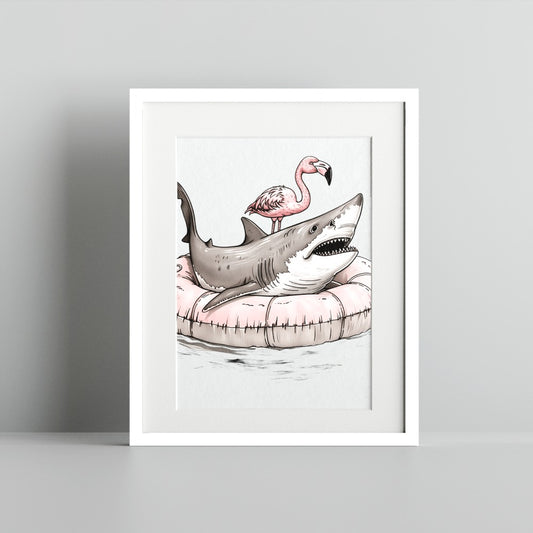 Flamingo Riding Shark in Water Art Print