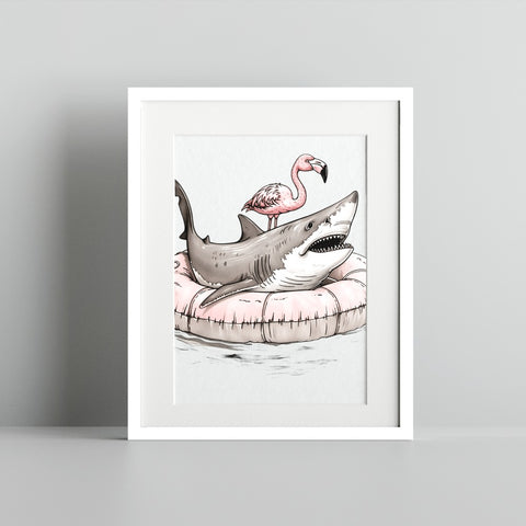 Flamingo Riding Shark in Water Art Print