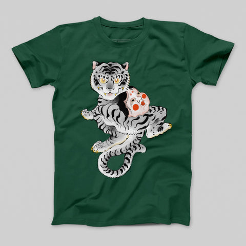 Playful Cartoon Tiger Dark Green T-Shirt