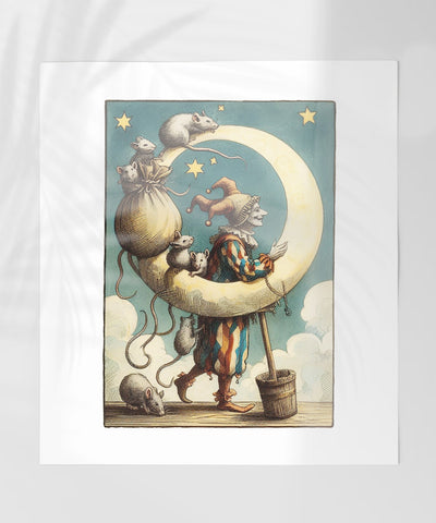 Vintage Clown Walking on Moon with Mice art print