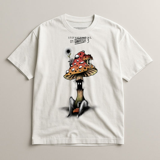 Unique Graphic Mushroom Design White Short-Sleeve Shirt