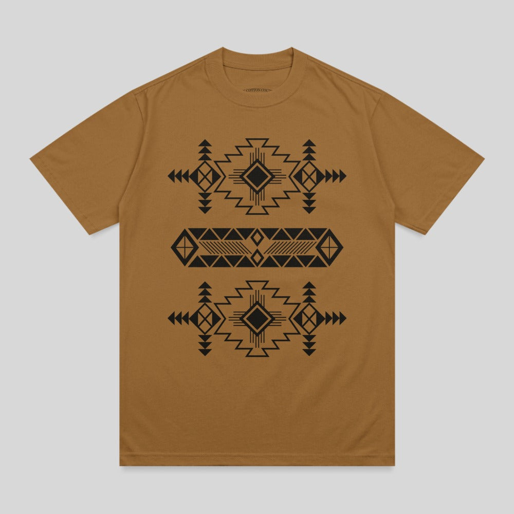 Brown t-shirt with black geometric Southwestern-inspired pattern.