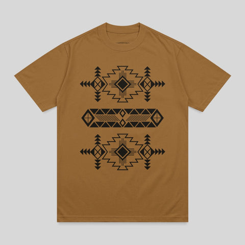 Brown t-shirt with black geometric Southwestern-inspired pattern.