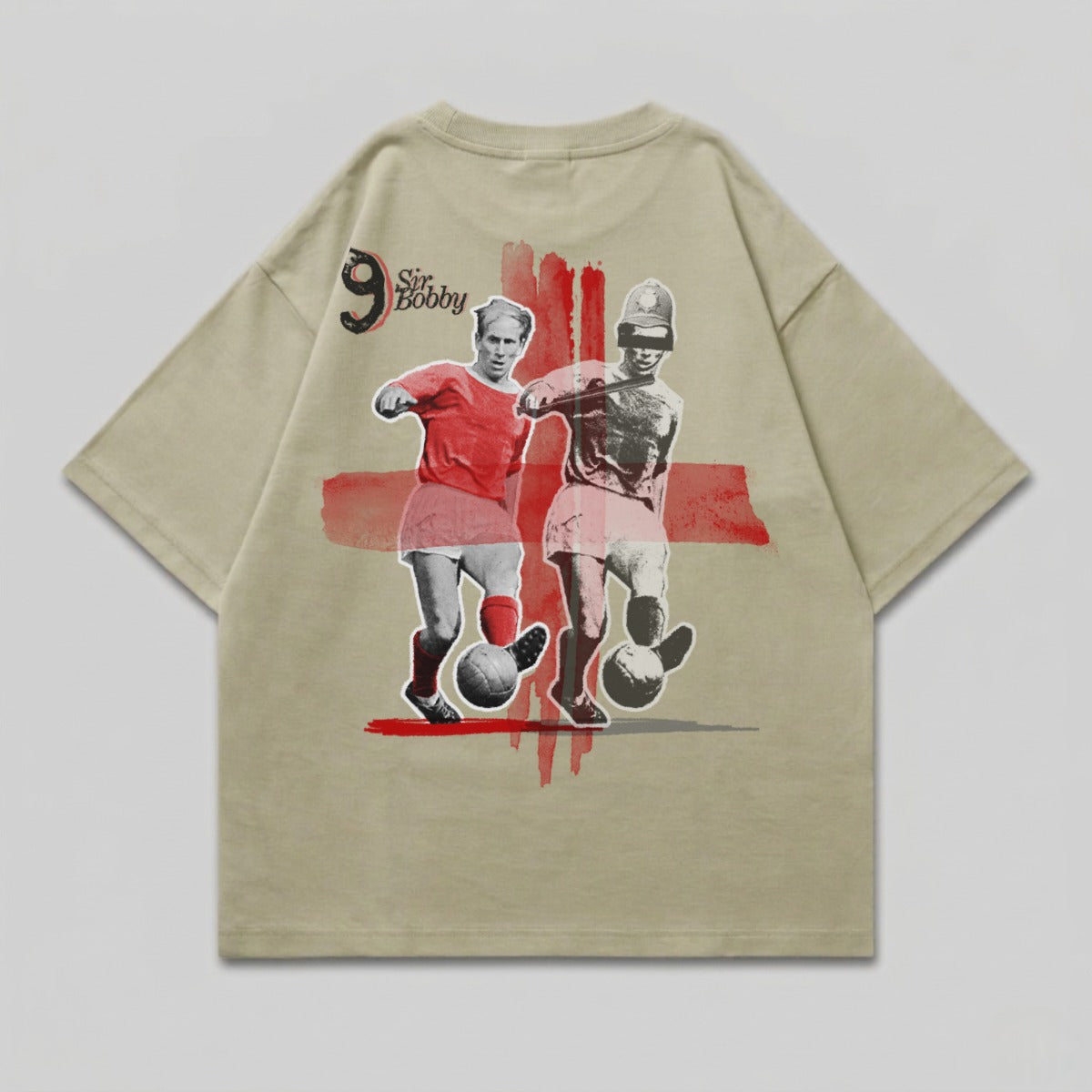 T-shirt graphic featuring two vintage football players and "Sir Bobby 9".
