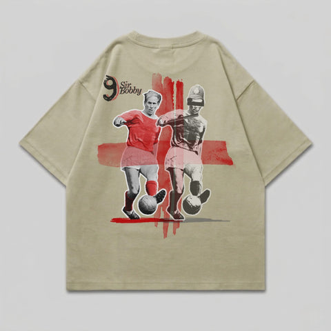 T-shirt graphic featuring two vintage football players and "Sir Bobby 9".