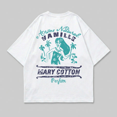 White t-shirt with vintage-style graphic featuring a woman, palm trees, and "Arome Naturelle Mary Cotton Parfum" text.