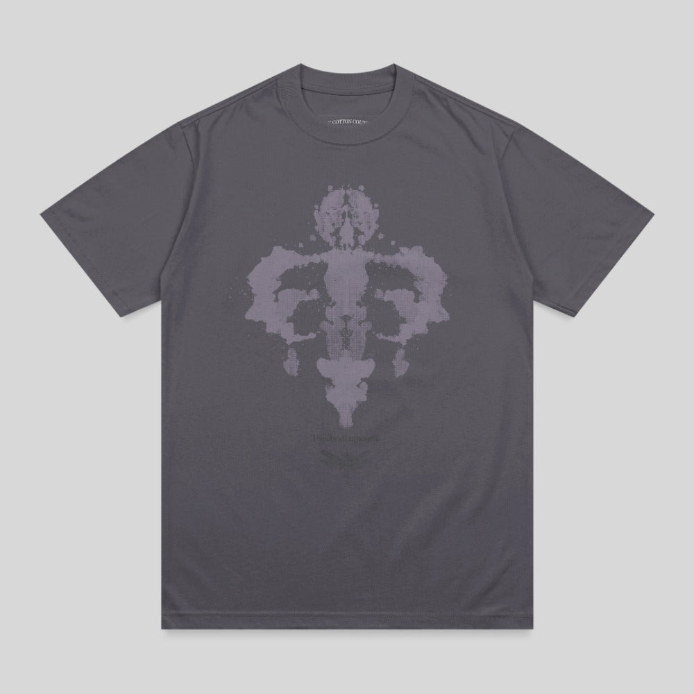 Dark gray t-shirt with Rorschach inkblot design and "Psychodiagnostic" text.