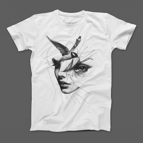 Abstract Artistic Female Face and Bird Design T-Shirt