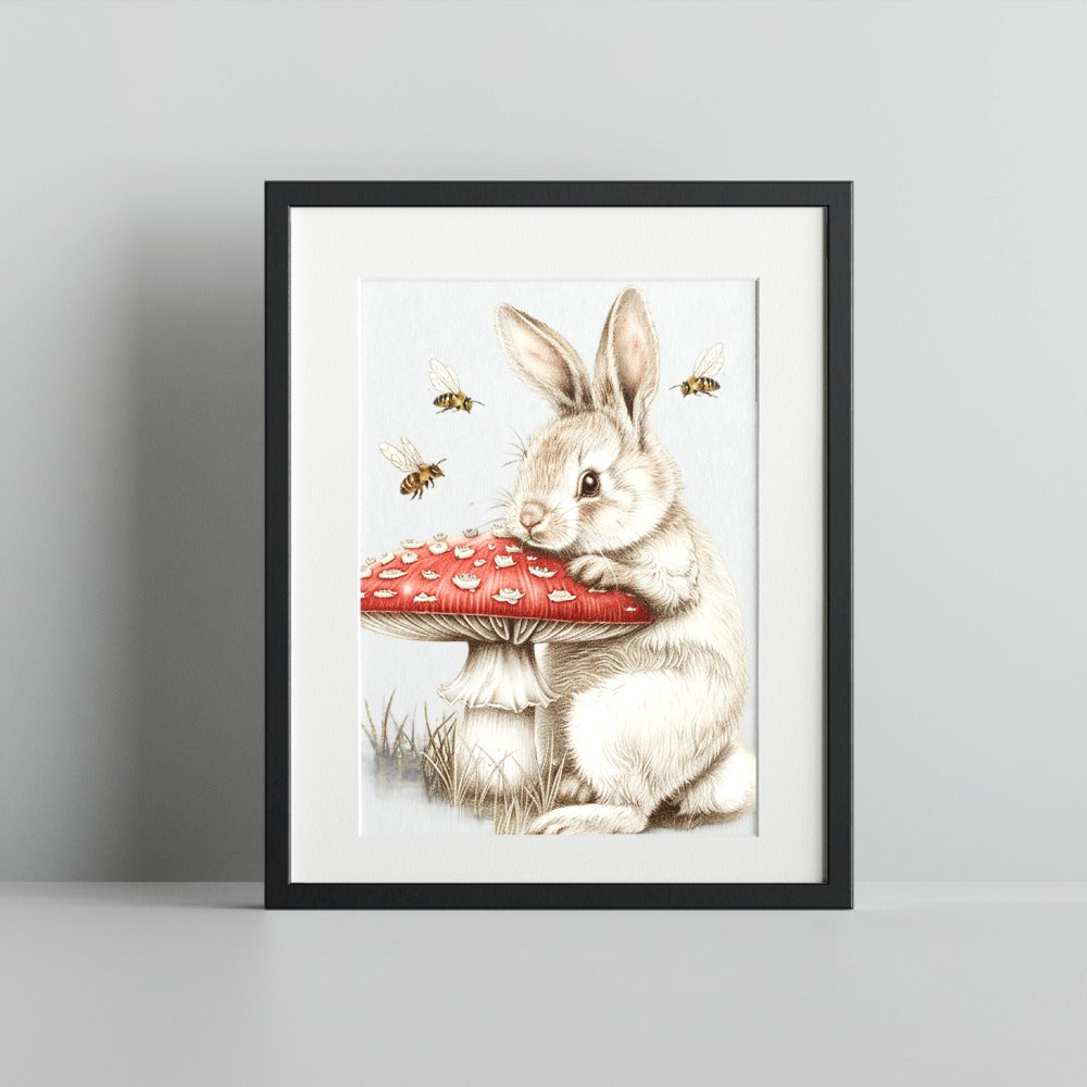 Adorable Bunny with Mushroom Art Print for Nursery Decor