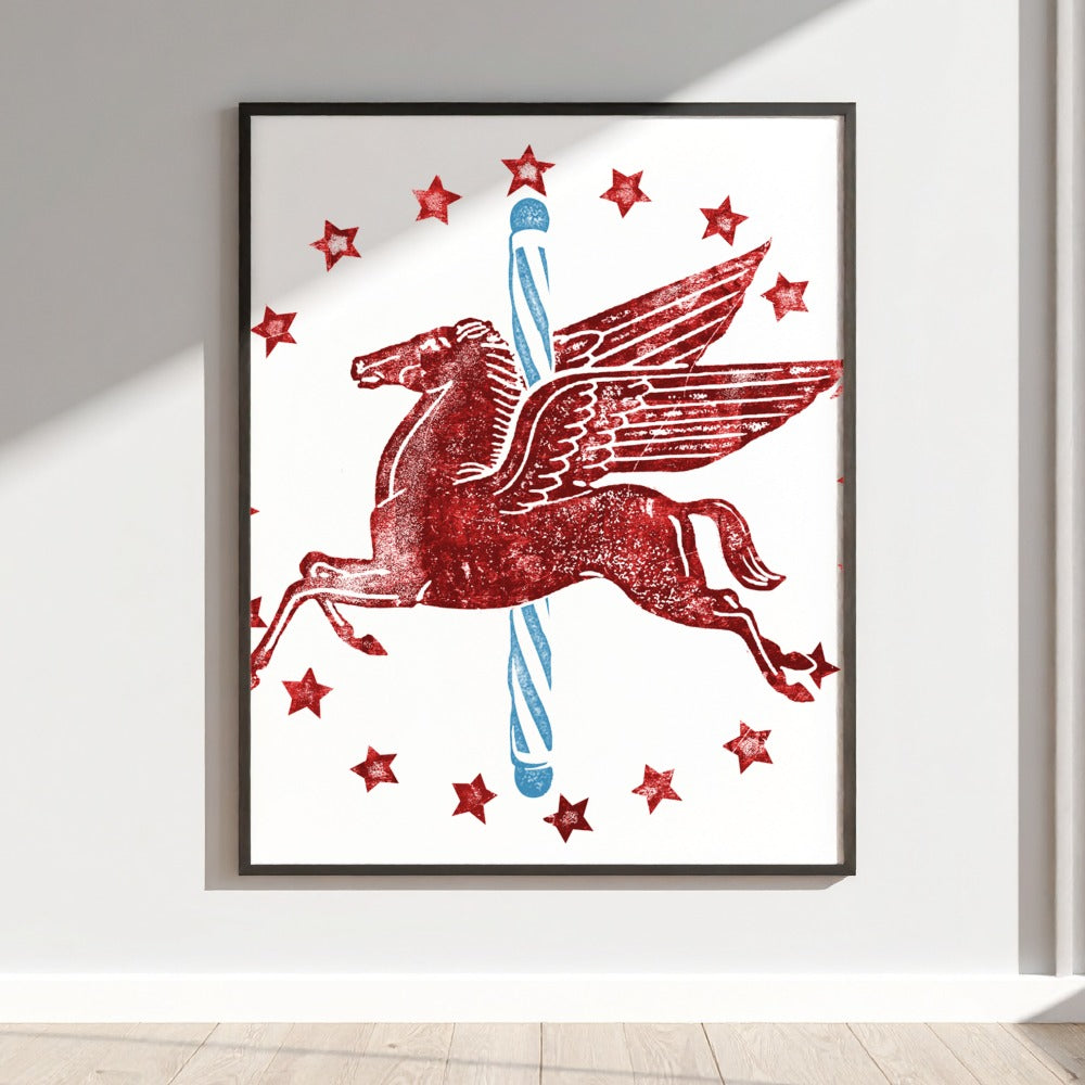Vintage Red and Blue Pegasus Print Wall Art Decor