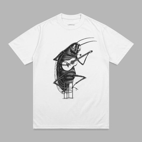 Cockroach character playing a guitar and smoking a pipe, black and white illustration.