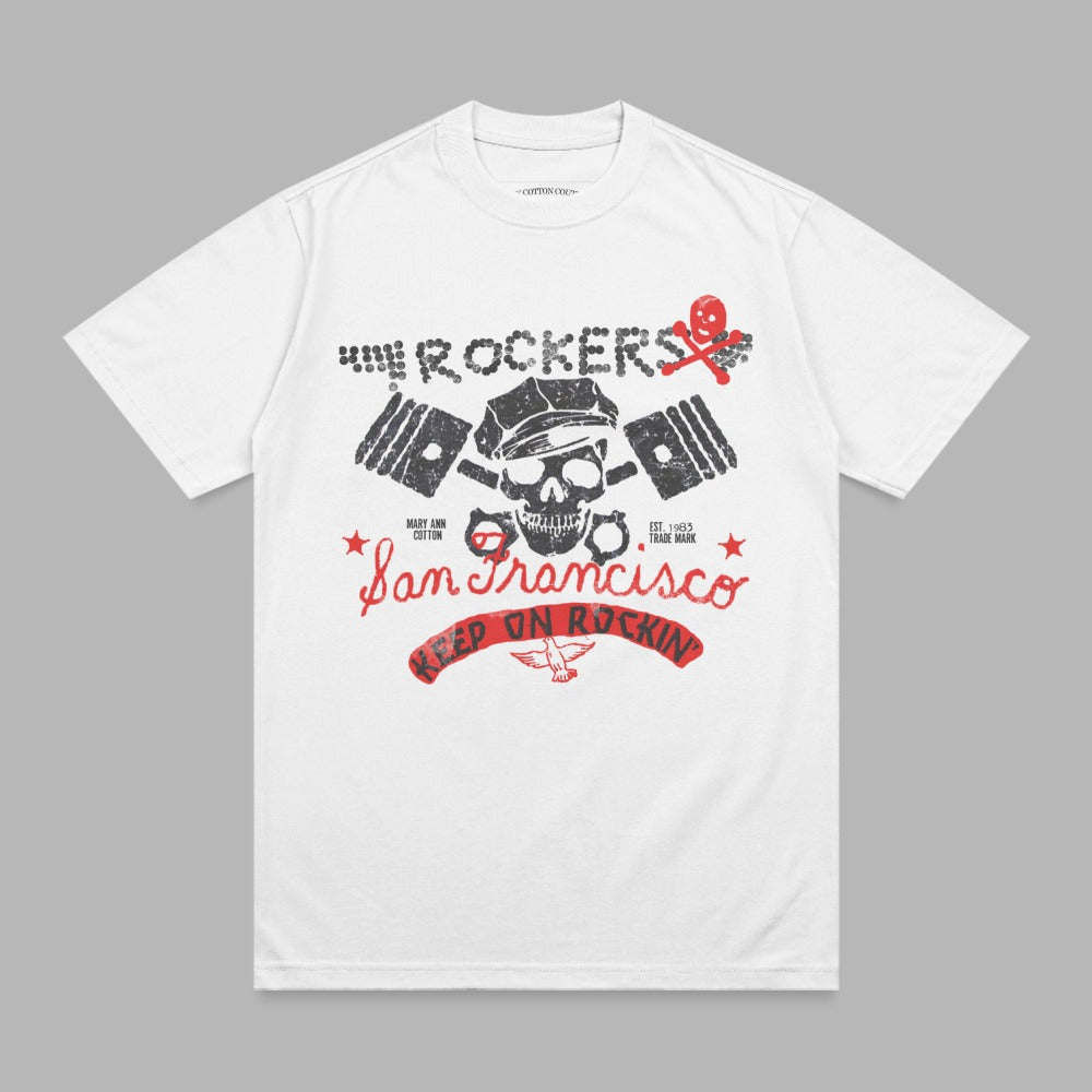 White t-shirt with "ROCKERS San Francisco" graphic featuring skulls and stars.