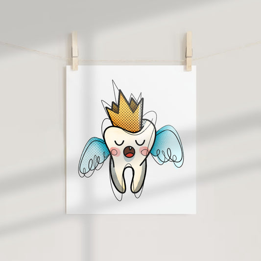 Cute Cartoon Tooth Fairy with Crown Poster Print