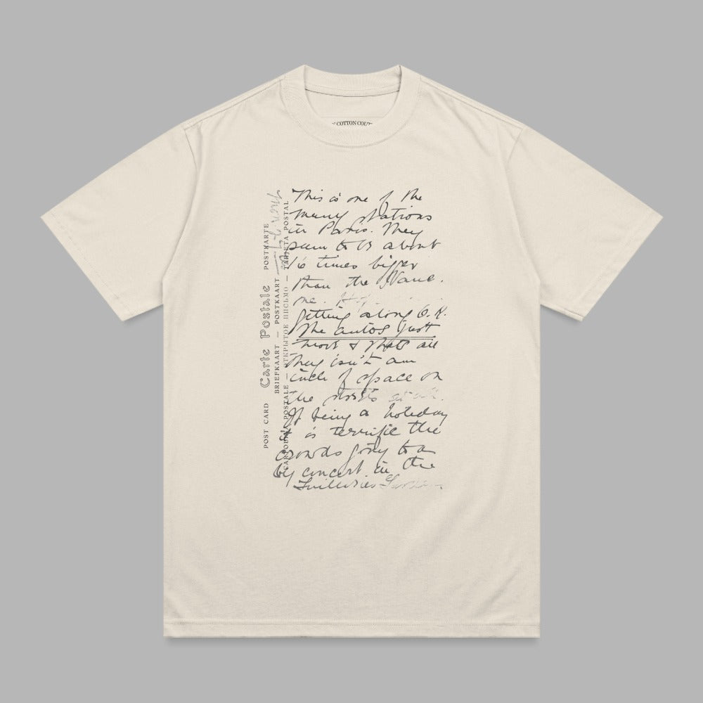 Beige t-shirt with handwritten script text, "This is one of the many nations..."